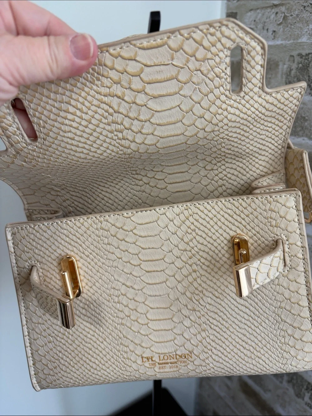 LTL London Cream Python-Embossed Top Handle Bag